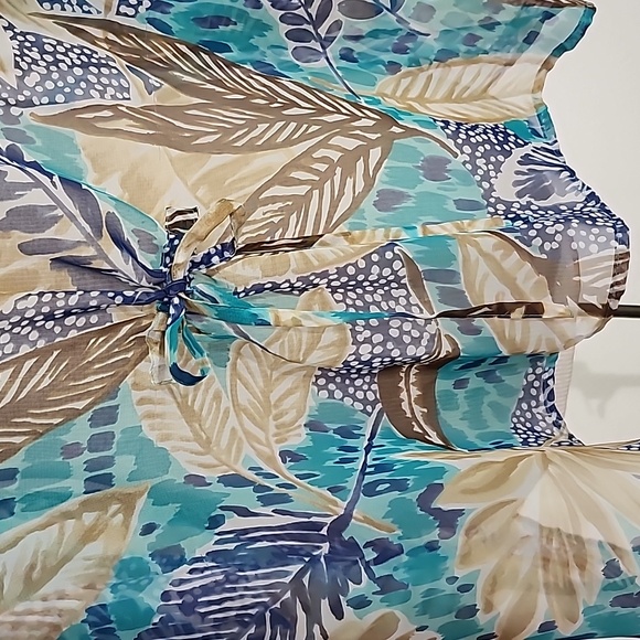 Bon Worth Semi Sheer Tropical Leaf Detail Kimono Aqua Size L - Picture 9 of 12
